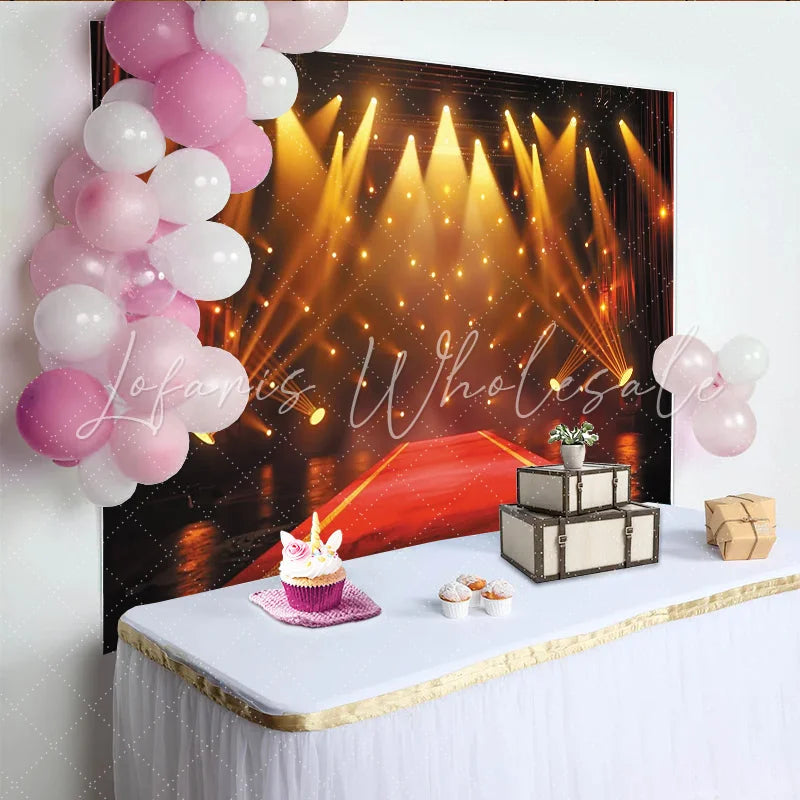 Lofaris Grand Red Carpet Stage Photography Backdrop with Golden Spotlights and Red Curtains Event Background for Awards Ceremony