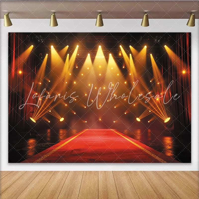 Lofaris Grand Red Carpet Stage Photography Backdrop with Golden Spotlights and Red Curtains Event Background for Awards Ceremony