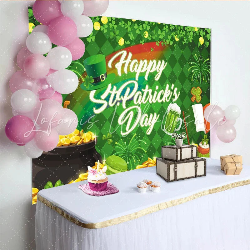 Lofaris Green and Gold St. Patrick’s Day Party Backdrop with Shamrocks Leprechaun Hat and Rainbow for Festive Celebrations