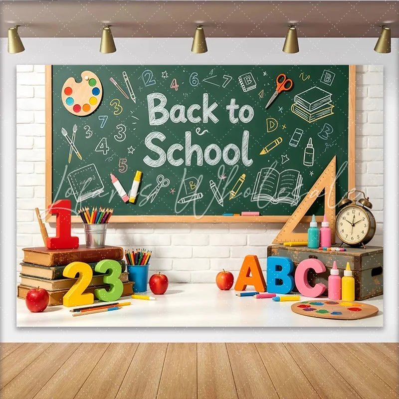 Lofaris Green Chalkboard Back to School Backdrop with Books and Apples Classroom Photography Background for Students