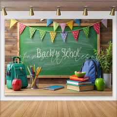 Lofaris Green Chalkboard Back to School Backdrop with Colorful Bunting and Supplies Vibrant Classroom Theme Background for Student