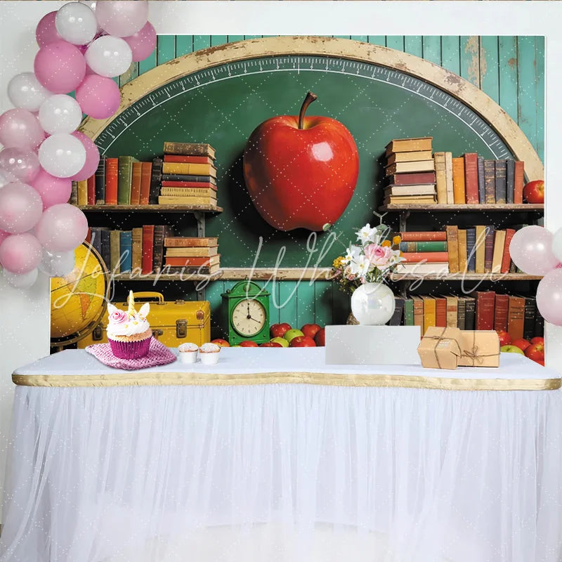 Lofaris Green Chalkboard Back to School Photography Backdrop with Books and Red Apple Vintage Classroom Background for Studio Photoshoot