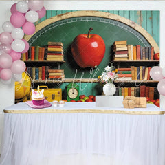 Lofaris Green Chalkboard Back to School Photography Backdrop with Books and Red Apple Vintage Classroom Background for Studio Photoshoot