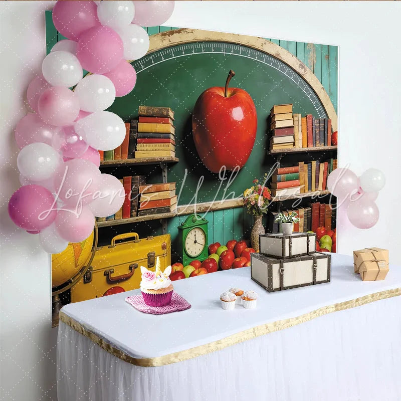 Lofaris Green Chalkboard Back to School Photography Backdrop with Books and Red Apple Vintage Classroom Background for Studio Photoshoot