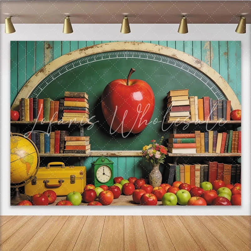 Lofaris Green Chalkboard Back to School Photography Backdrop with Books and Red Apple Vintage Classroom Background for Studio Photoshoot