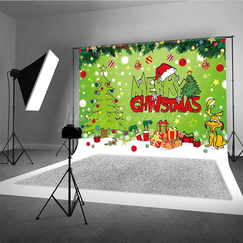 Lofaris Green Christmas Thief Inspired Backdrop for Holiday Party Whoville Cartoon with Dog Merry Grinchmas Photo Booth