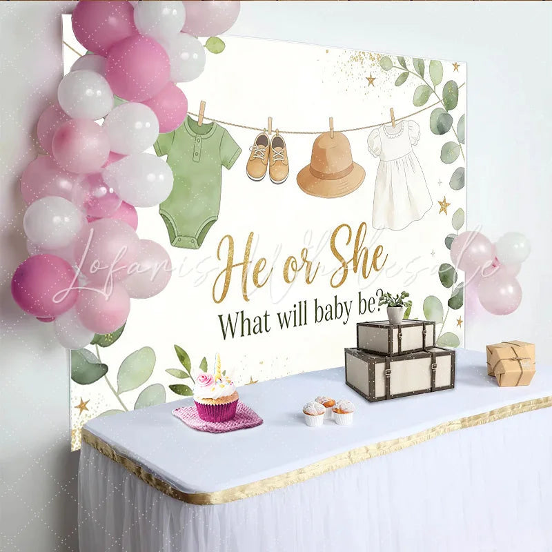 Lofaris Green Eucalyptus Gender Reveal Baby Shower Backdrop with He or She Text Baby Clothes and Golden Glitter Decor for Party