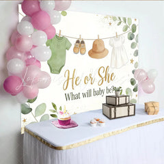 Lofaris Green Eucalyptus Gender Reveal Baby Shower Backdrop with He or She Text Baby Clothes and Golden Glitter Decor for Party
