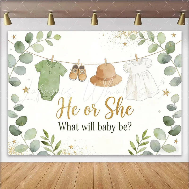 Lofaris Green Eucalyptus Gender Reveal Baby Shower Backdrop with He or She Text Baby Clothes and Golden Glitter Decor for Party