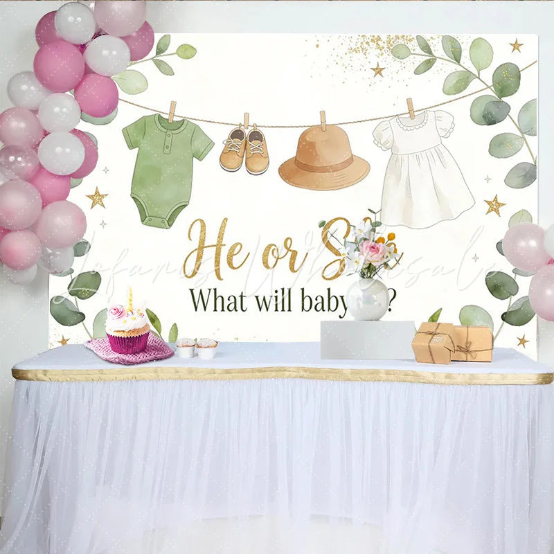 Lofaris Green Eucalyptus Gender Reveal Baby Shower Backdrop with He or She Text Baby Clothes and Golden Glitter Decor for Party