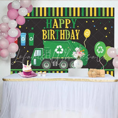 Lofaris Green Garbage Truck Birthday Backdrop Waste Management Recycling Theme Party Decoration Boy Happy Birthday Banner Prop