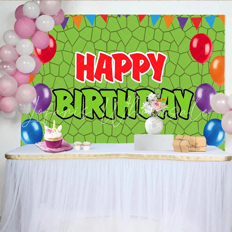 Lofaris Green Geometric Pattern Balloon Birthday Backdrop with Colorful Bunting Festive Party Background for Kids Photoshoot