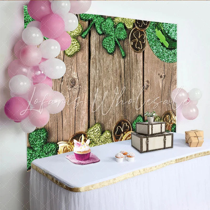 Lofaris Green Glitter Shamrocks and Gold Coins St Patricks Day Party Backdrop Rustic Wooden Background for Irish Celebration