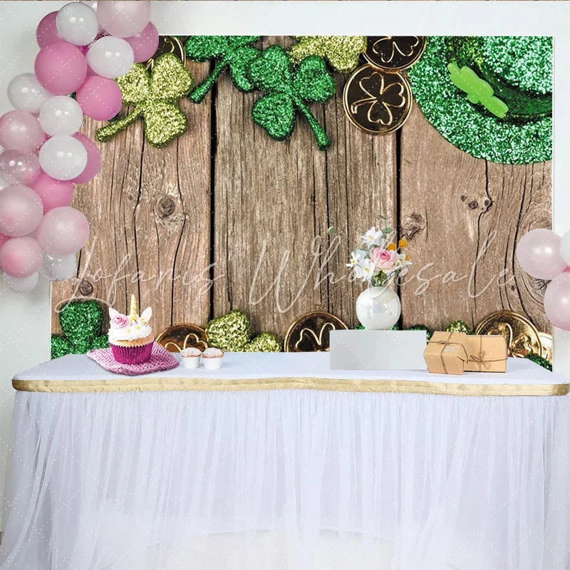 Lofaris Green Glitter Shamrocks and Gold Coins St Patricks Day Party Backdrop Rustic Wooden Background for Irish Celebration