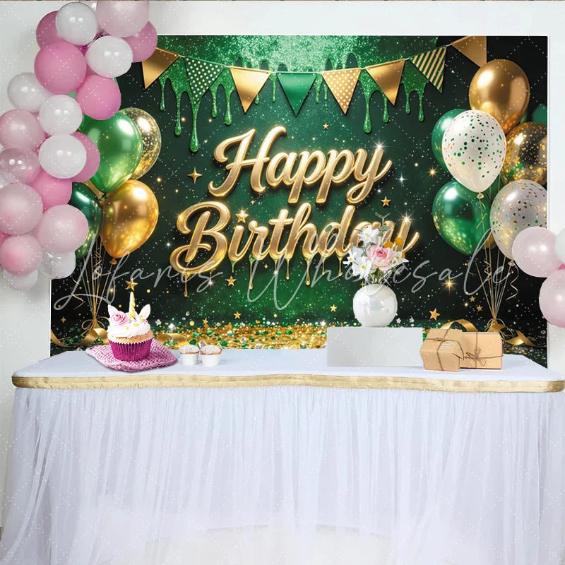 Lofaris Green Gold Glitter Happy Birthday Backdrop with Balloons and Confetti Festive Party Background for Photography