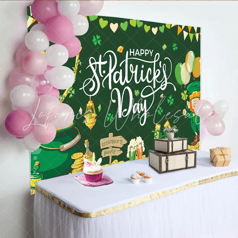 Lofaris Green Gold St. Patrick’s Day Leprechaun Pot of Gold Party Backdrop Shamrocks Festive Celebration Decor