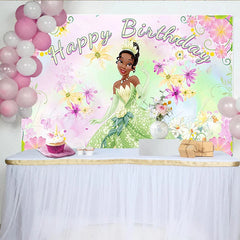 Lofaris Green Gown Cartoon Birthday Backdrop with Floral Design Vibrant Party Background for Girls Photoshoot Decoration