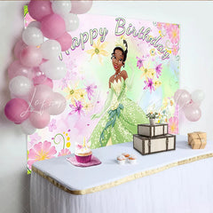 Lofaris Green Gown Cartoon Birthday Backdrop with Floral Design Vibrant Party Background for Girls Photoshoot Decoration