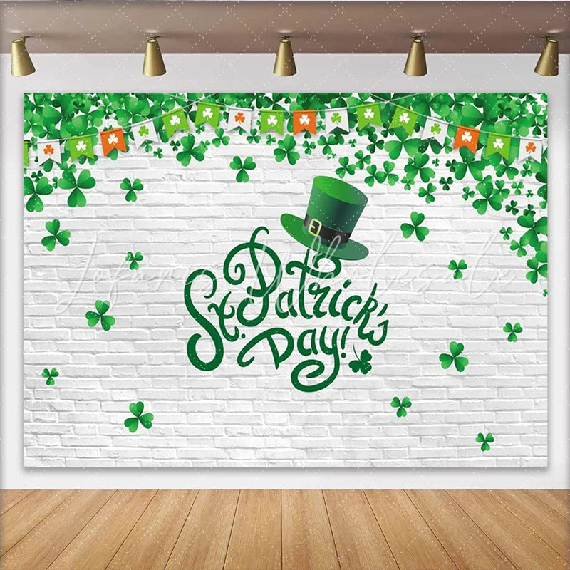 Lofaris Green Shamrock St. Patrick’s Day Party Backdrop with Leprechaun Hat and Brick Wall Festive Holiday Decor