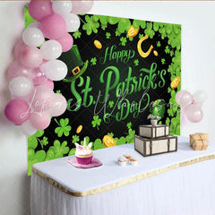 Lofaris Green Shamrocks and Gold Coins Happy St. Patrick’s Day Party Backdrop featuring a Leprechaun Hat and Pot of Gold Decor.