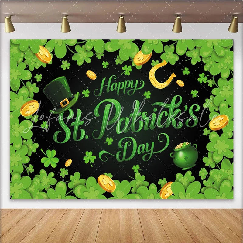 Lofaris Green Shamrocks and Gold Coins Happy St. Patrick’s Day Party Backdrop featuring a Leprechaun Hat and Pot of Gold Decor.