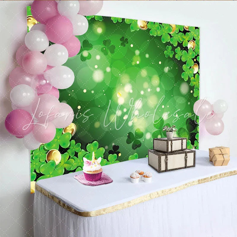 Lofaris Green Shamrocks and Gold Coins Party Backdrop featuring Bokeh Lights for St. Patrick’s Day Celebration