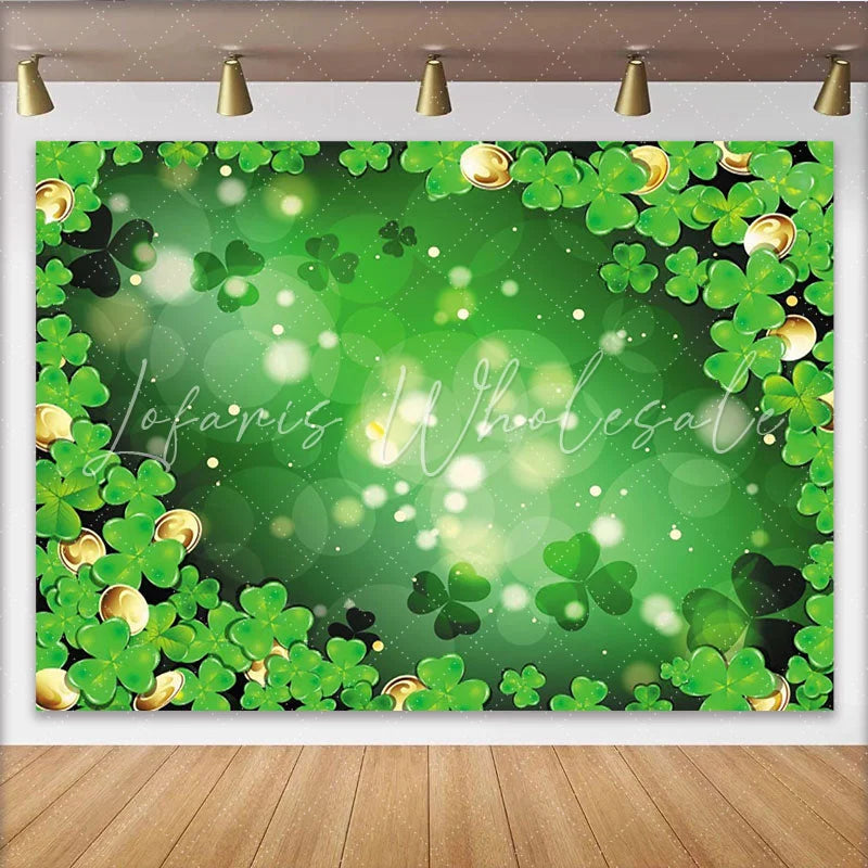 Lofaris Green Shamrocks and Gold Coins Party Backdrop featuring Bokeh Lights for St. Patrick’s Day Celebration