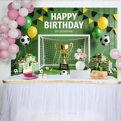 Lofaris Green Soccer Birthday Backdrop with Trophy Goal and Balloons Sports Field Background for Kids Party Photography