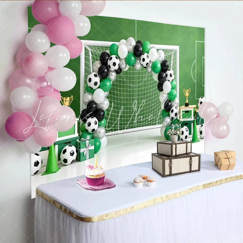 Lofaris Green Soccer Field Birthday Backdrop with Goal and Balloons Festive Sports Theme Background for Kids Party Photoshoot