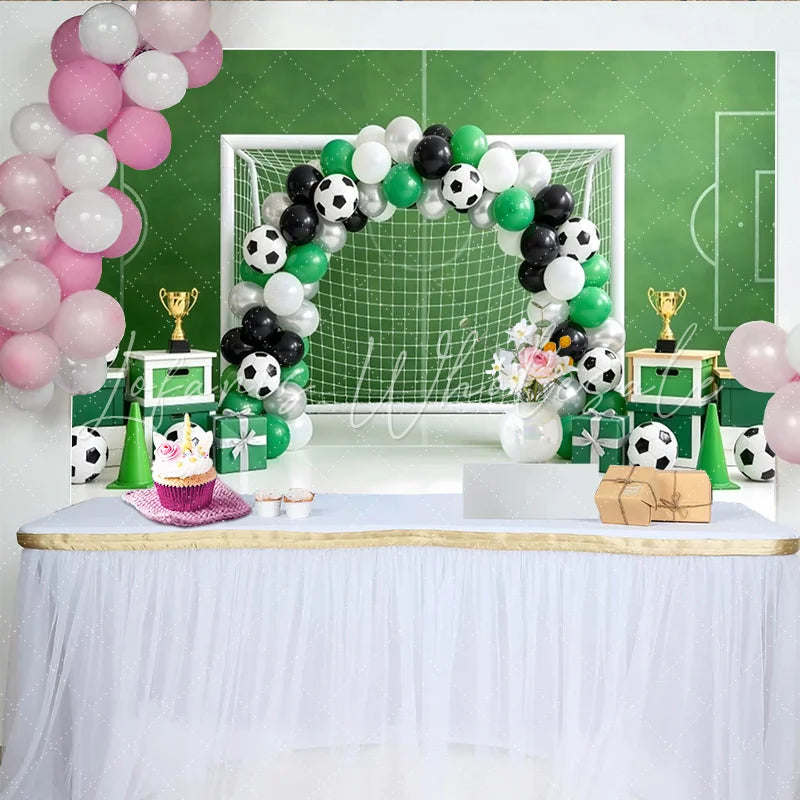 Lofaris Green Soccer Field Birthday Backdrop with Goal and Balloons Festive Sports Theme Background for Kids Party Photoshoot