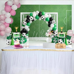 Lofaris Green Soccer Field Birthday Backdrop with Goal and Balloons Festive Sports Theme Background for Kids Party Photoshoot