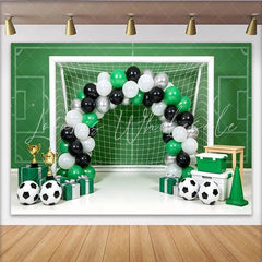 Lofaris Green Soccer Field Birthday Backdrop with Goal Balloons and Trophies Sports Theme Party Background for Photo Booth Decor