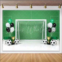 Lofaris Green Soccer Field Birthday Backdrop with Goal Balls Trophies and Balloons Sports Theme Party Photography Background Decor