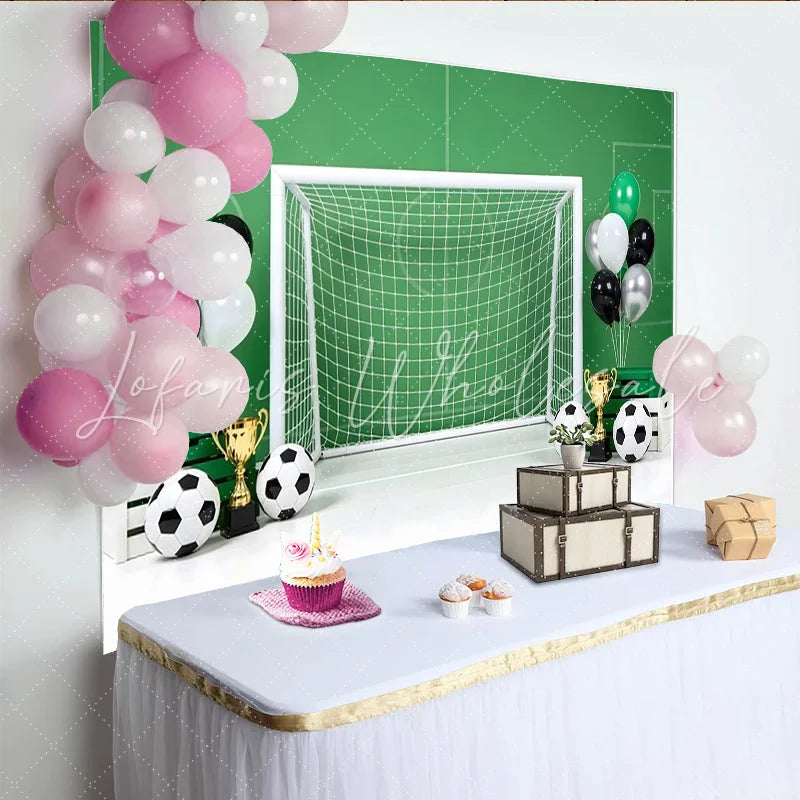Lofaris Green Soccer Field Birthday Backdrop with Goal Balls Trophies and Balloons Sports Theme Party Photography Background Decor