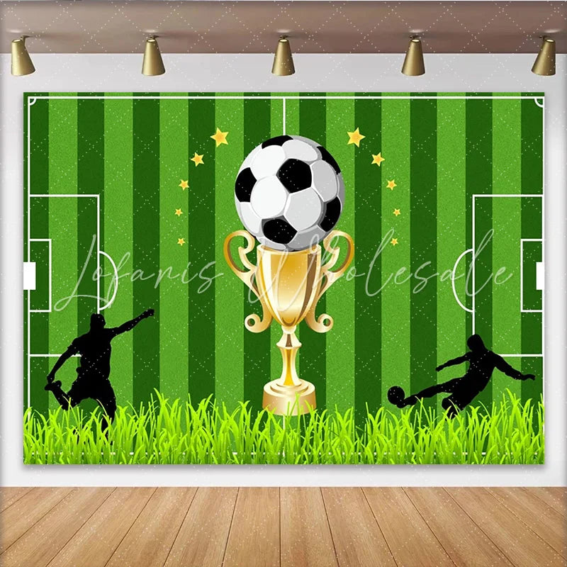 Lofaris Green Soccer Field Photography Backdrop with Golden Trophy Ball and Player Silhouettes Sports Theme Background for Party