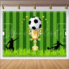 Lofaris Green Soccer Field Photography Backdrop with Golden Trophy Ball and Player Silhouettes Sports Theme Background for Party