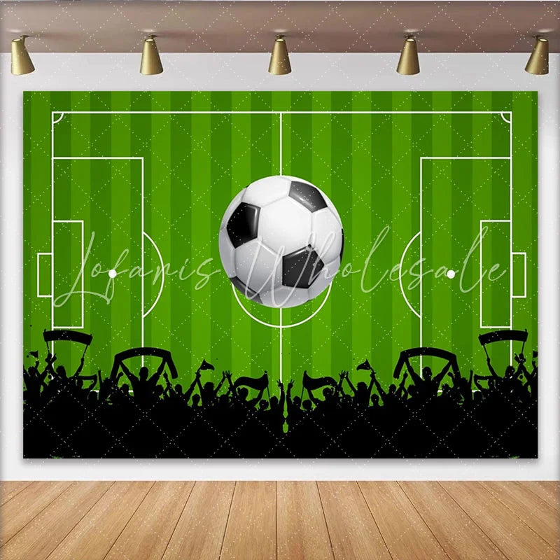 Lofaris Green Soccer Field Photography Backdrop with Large Ball and Cheering Crowd Dynamic Sports Game Day Background for Party Decoration