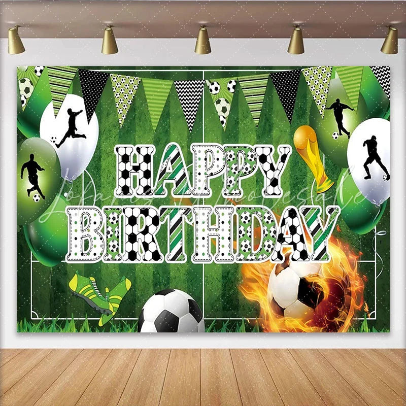 Lofaris Green Soccer Field Sports Birthday Backdrop with Player Silhouettes Happy Birthday Party Decor and Trophy for Photoshoot