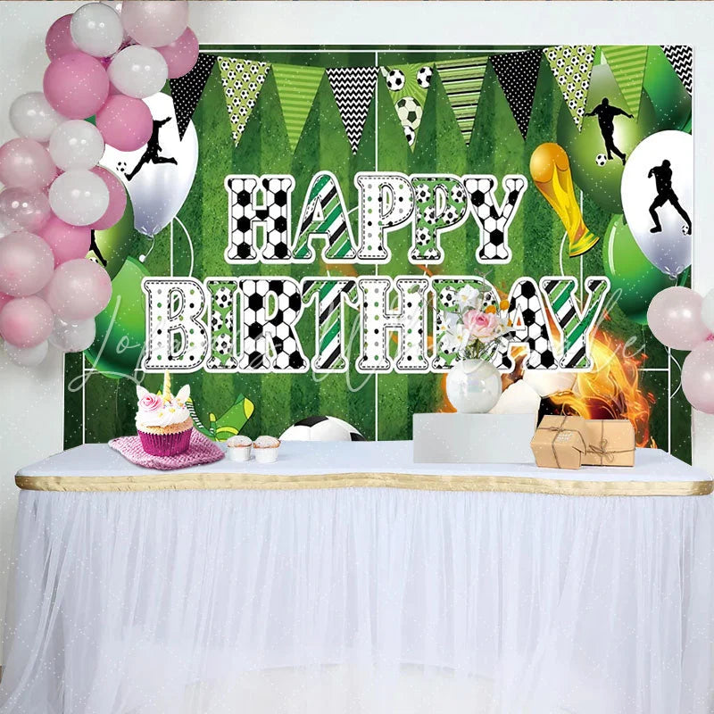 Lofaris Green Soccer Field Sports Birthday Backdrop with Player Silhouettes Happy Birthday Party Decor and Trophy for Photoshoot