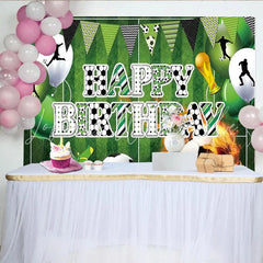 Lofaris Green Soccer Field Sports Birthday Backdrop with Player Silhouettes Happy Birthday Party Decor and Trophy for Photoshoot