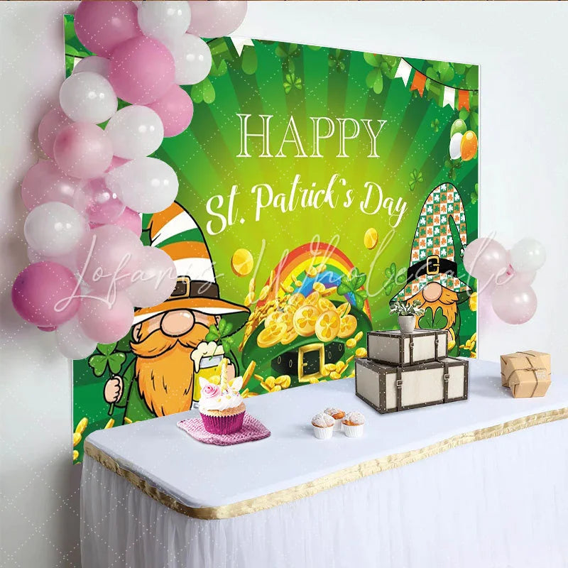 Lofaris Green St. Patrick’s Day Gnomes Shamrocks Party Backdrop with Pot of Gold and Rainbow Festive Irish Celebration Decor