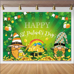 Lofaris Green St. Patrick’s Day Gnomes Shamrocks Party Backdrop with Pot of Gold and Rainbow Festive Irish Celebration Decor