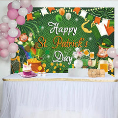 Lofaris Green St. Patrick’s Day Party Backdrop Featuring Cheerful Leprechauns and Gold Coins for Festive Decor