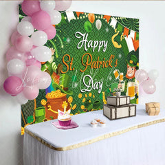 Lofaris Green St. Patrick’s Day Party Backdrop Featuring Cheerful Leprechauns and Gold Coins for Festive Decor