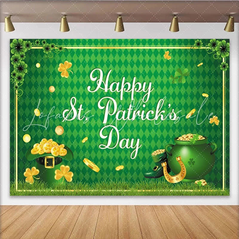 Lofaris Green St. Patrick’s Day Party Backdrop with Shamrocks and Gold Coins Lucky Leprechaun Hat and Pot of Gold Decor