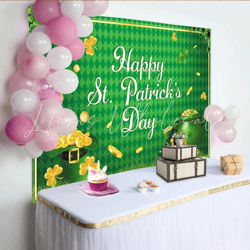 Lofaris Green St. Patrick’s Day Party Backdrop with Shamrocks and Gold Coins Lucky Leprechaun Hat and Pot of Gold Decor