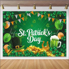 Lofaris Green St. Patrick’s Day Party Backdrop with Shamrocks Leprechaun Hat and Gold Coins Festive Celebration Decor