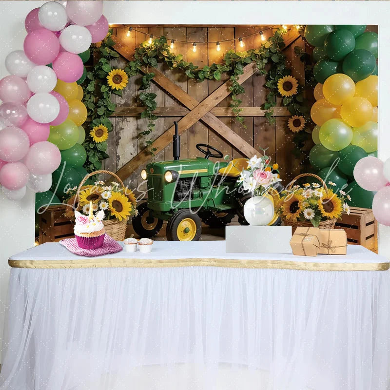 Lofaris Green Tractor Birthday Backdrop with Yellow Balloons and Sunflowers Rustic Farm Photography Background for Kids Party Decoration