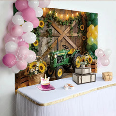 Lofaris Green Tractor Birthday Backdrop with Yellow Balloons and Sunflowers Rustic Farm Photography Background for Kids Party Decoration