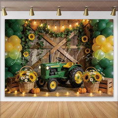 Lofaris Green Tractor Birthday Backdrop with Yellow Balloons and Sunflowers Rustic Farm Photography Background for Kids Party Decoration